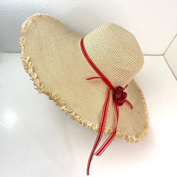 Wide Brim Straw Grass Woven Sun Hat with Cherries Womans Beach Boho Peasant - Picture 3 of 13